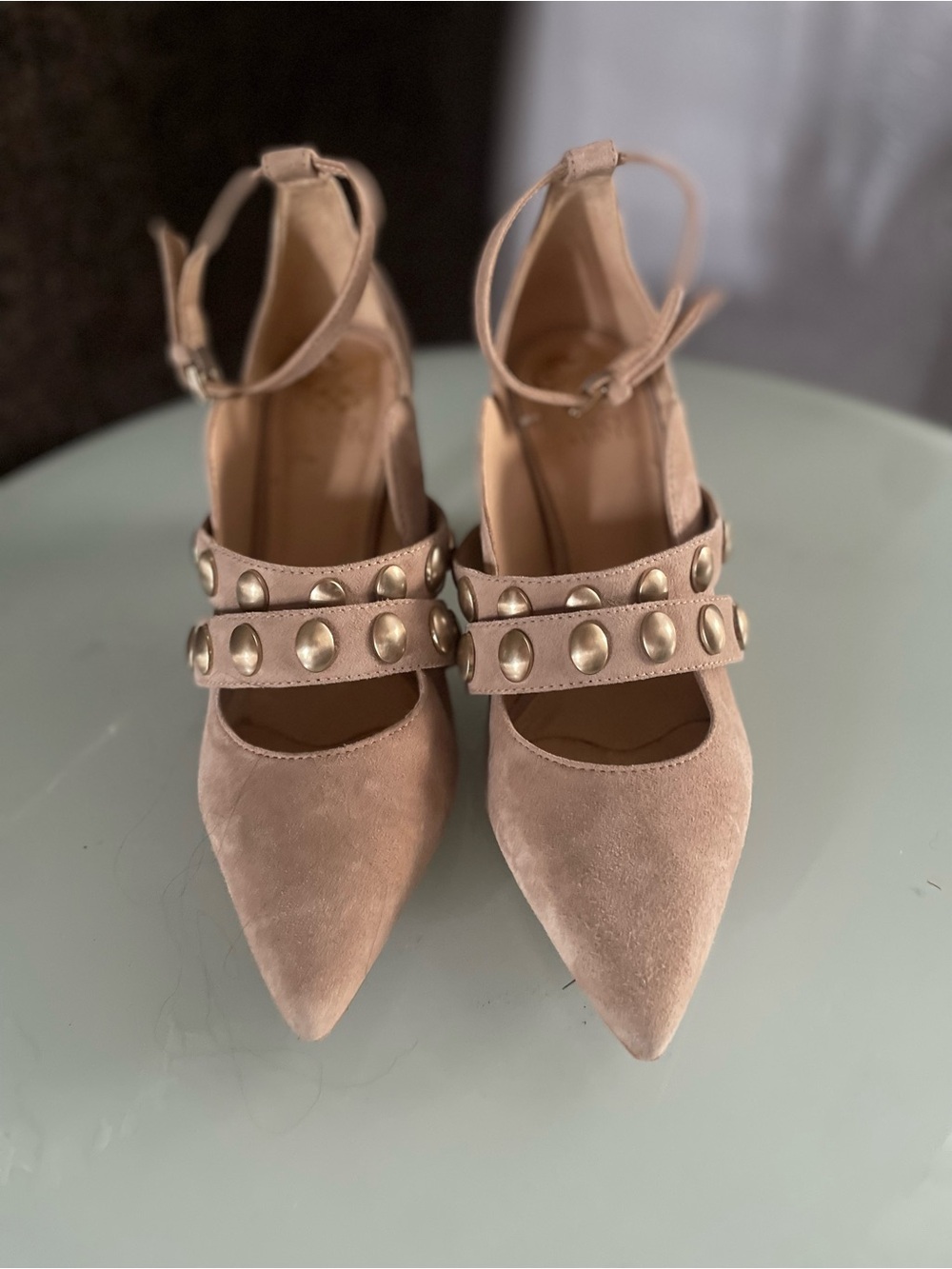 Vince Camuto Tan Suede Pointed-Toe Studded Strap Heels